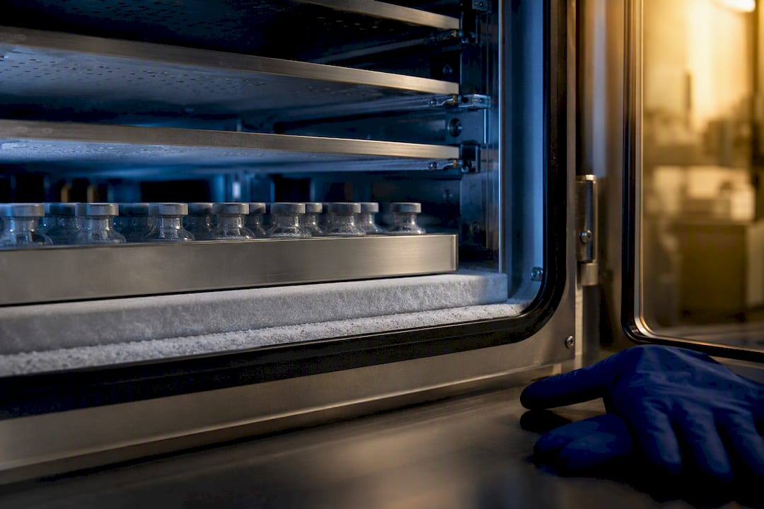 Freeze-dryer chamber with frosted shelves and vials