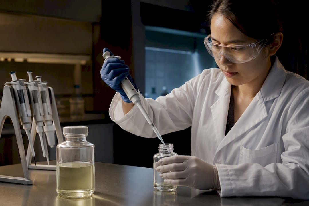 Scientist transferring sample for sterility testing