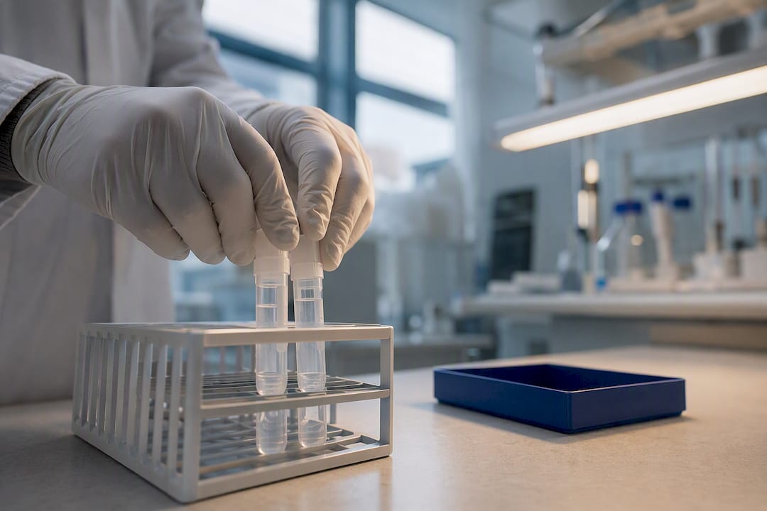 Clinical research technician handling peptide samples